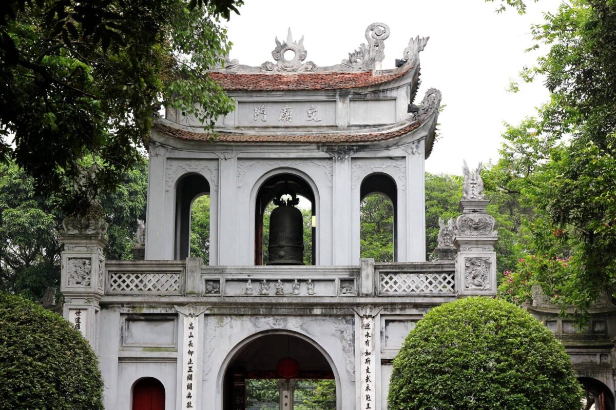 View of the Temple of Literature courtyard and traditional architecture in Hanoi, Vietnam