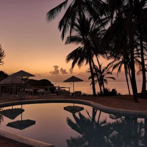 View over Kenya’s Tsavo East savannah with grazing wildlife under a wide blue sky