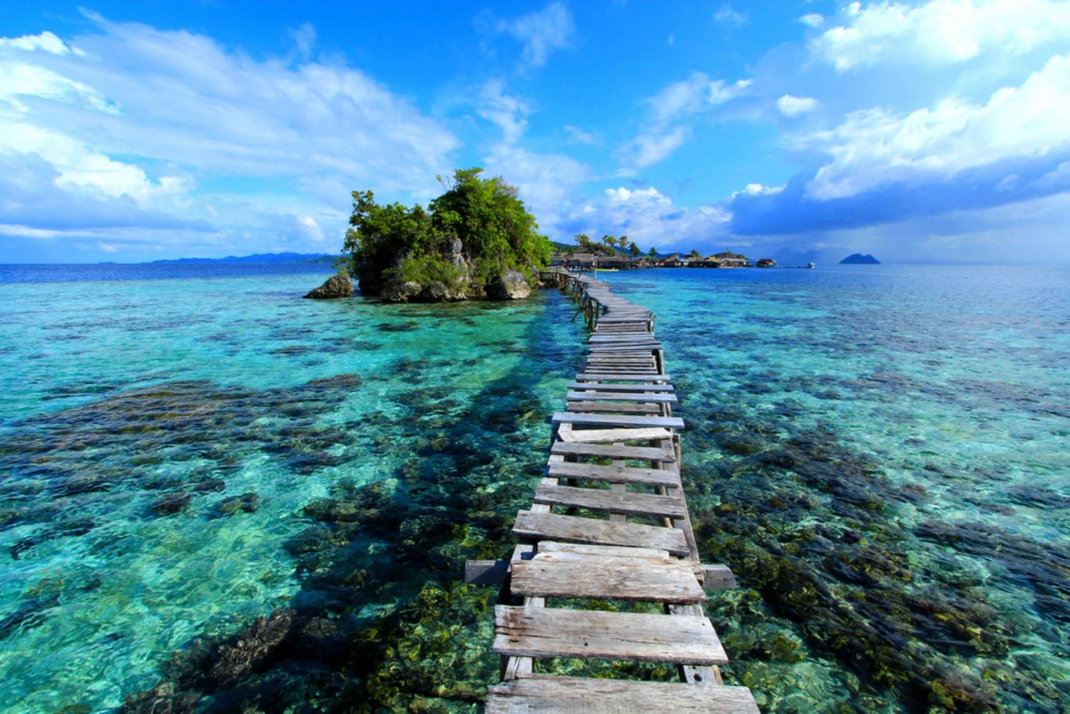 View over turquoise sea, white-sand beach and lush green islands in Raja Ampat, Indonesia, under a bright tropical sky
