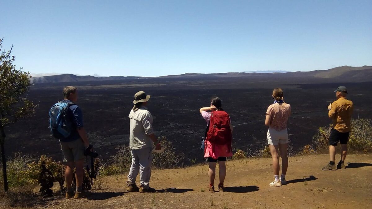 Wide caldera of Sierra Negra volcano with dark lava fields under a cloudy sky
