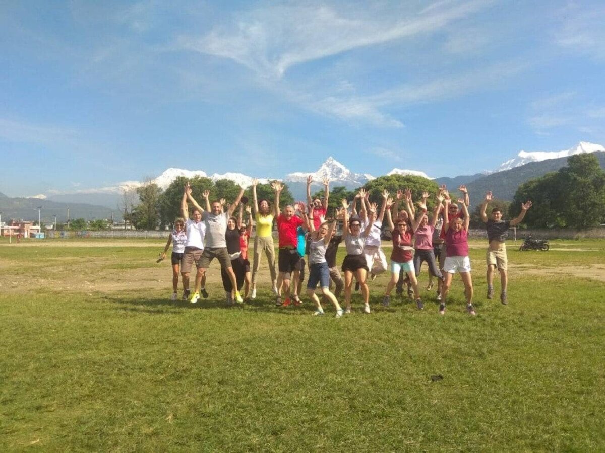 World Peace Pagoda above Pokhara with Phewa Lake and snow-capped Annapurna peaks in the background